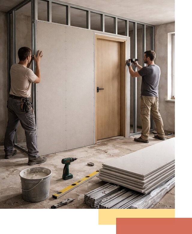 Перегородка из гипсокартона с дверью под ключ в Мегионе