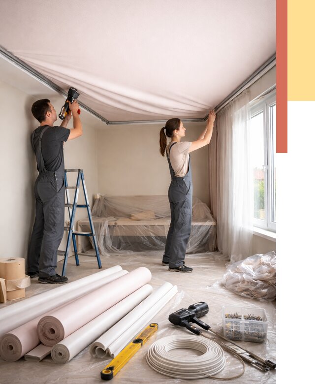 Монтаж цветного натяжного потолка в Мегионе от 4379 руб/м² — быстро и недорого | ОТДЕЛОЧНИК-Мго