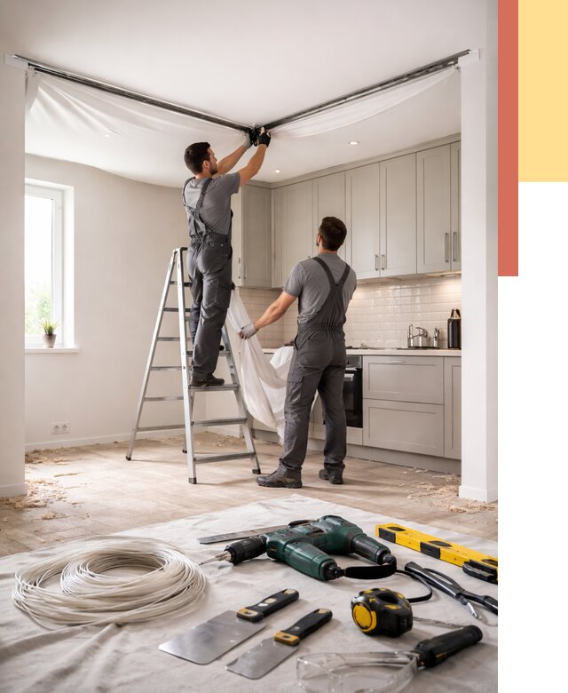 Установка натяжного потолка на кухне в Мегионе от 2502 руб. | ОТДЕЛОЧНИК-Мго