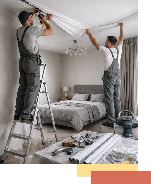 Монтаж натяжного потолка в спальне в Мегионе