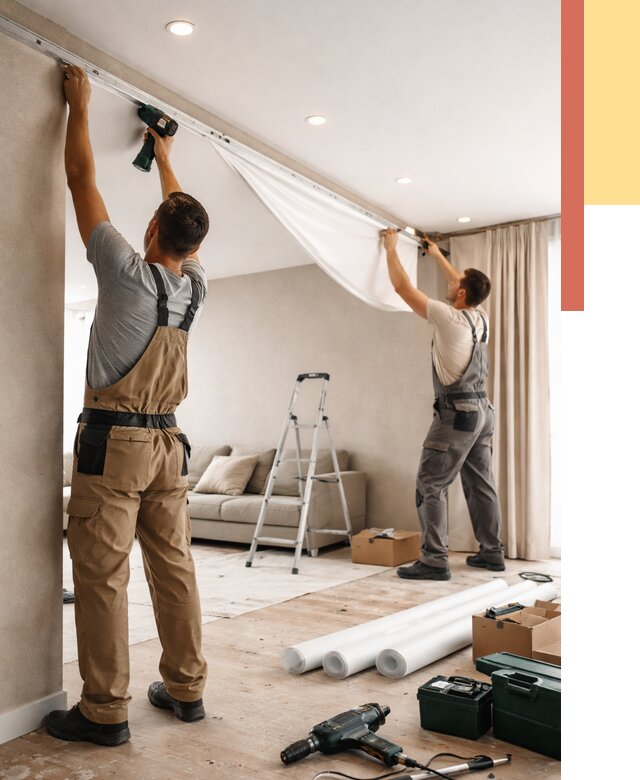 Монтаж натяжного потолка в гостиной в Мегионе от 573 руб. | ОТДЕЛОЧНИК-Мго