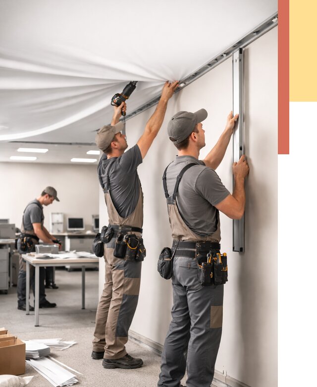 Монтаж натяжного потолка в офисе в Мегионе от 469 руб/м² — быстро и недорого | ОТДЕЛОЧНИК-Мго