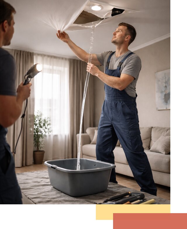 Слив воды с натяжного потолка в Мегионе быстро и аккуратно